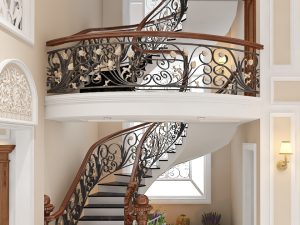 Cầu Thang Sắt Uốn Lượn Tân Cổ Điển Tay Vịn Gỗ