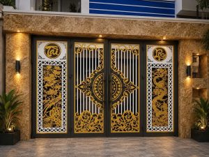 Cổng Sắt 4 Cánh Hoa Văn CNC Mạ Vàng Sang Trọng