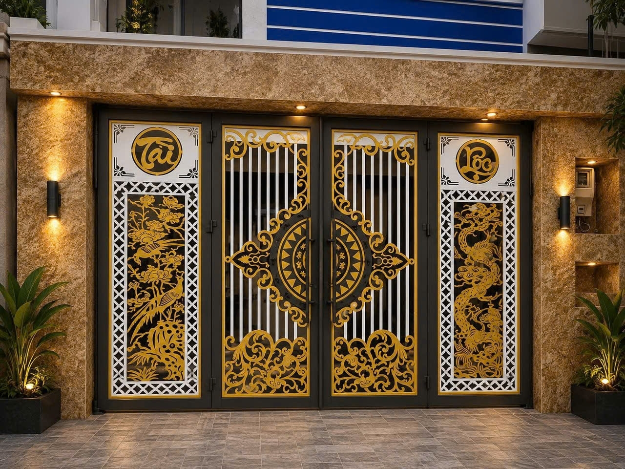 Cổng Sắt 4 Cánh Hoa Văn CNC Mạ Vàng Sang Trọng